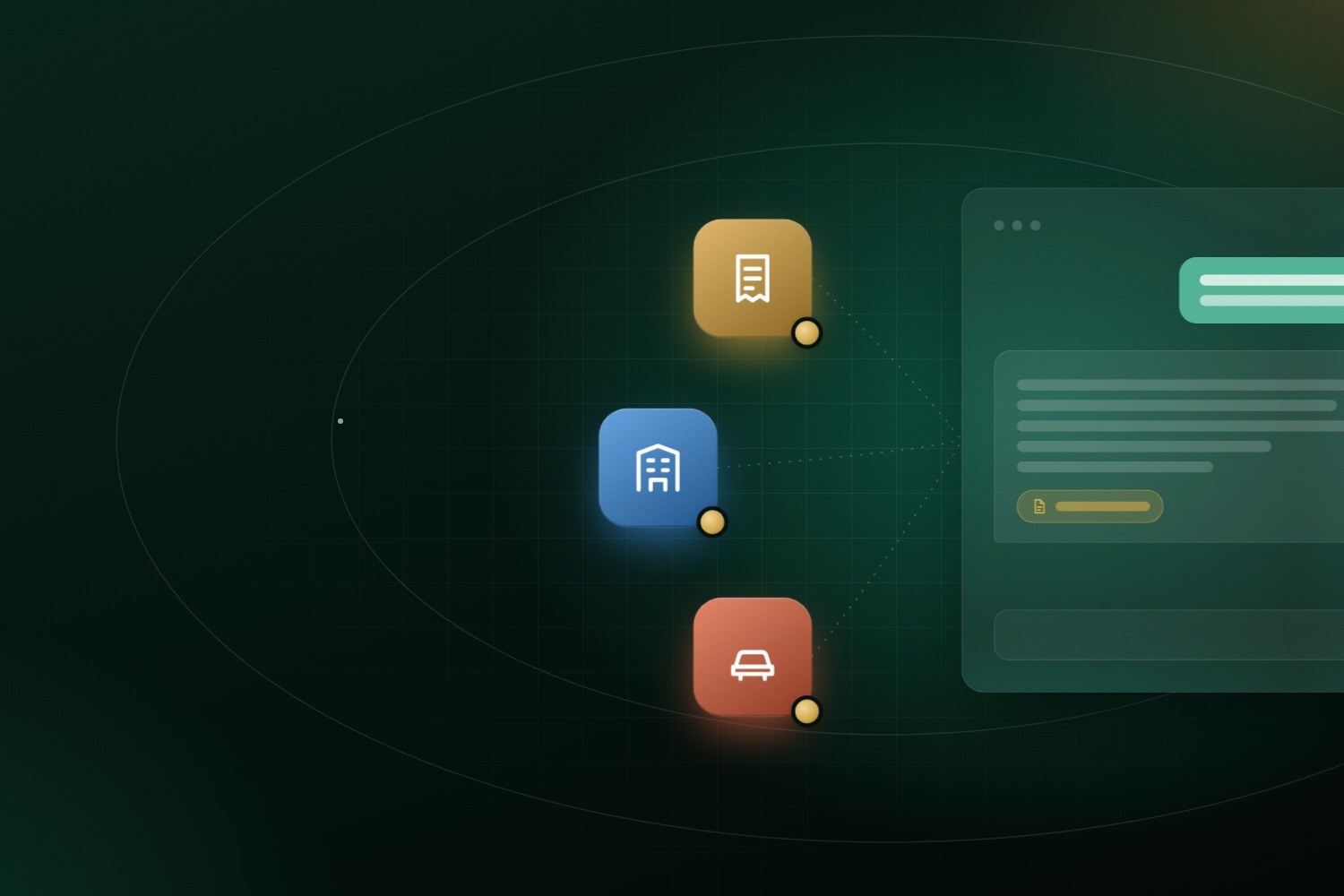 Three glowing tiles, a receipt, a building and a car, linked by dotted lines to a chat window whose answer carries a document badge.