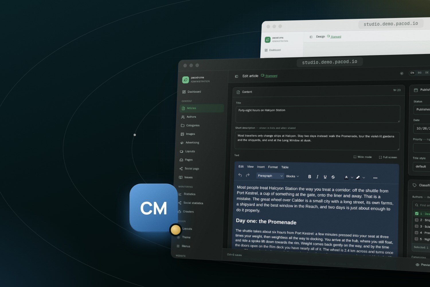 The dark pacod-cms article editor with a Starward travel story, in front of the design screen, with the CM tile in the foreground.