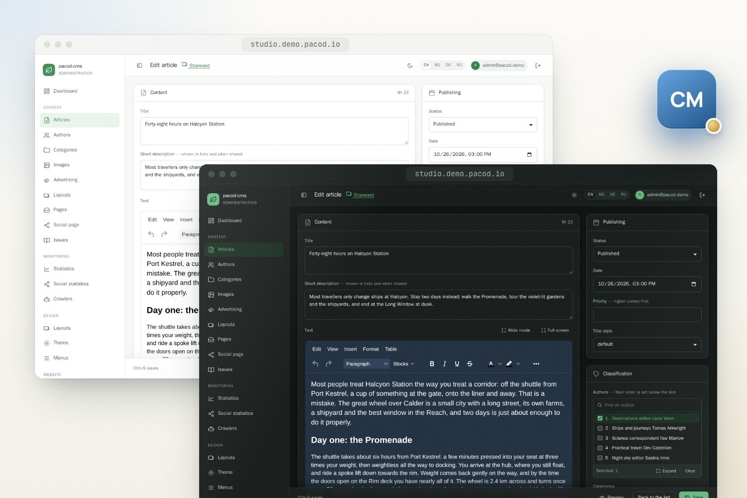 Two windows of the pacod-cms article editor, one light and one dark, overlapping, each open on the Starward article Forty-eight hours on Halcyon Station, with the publishing and authors panels beside the text.