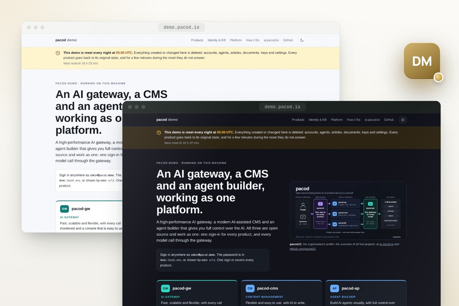 Two windows of the pacod-demo home page, one light and one dark, overlapping. Each has a reset notice under its header, the headline about an AI gateway, a CMS and an agent builder working as one platform, and cards for pacod-gw, pacod-cms and pacod-ap; the dark one also shows the platform diagram.