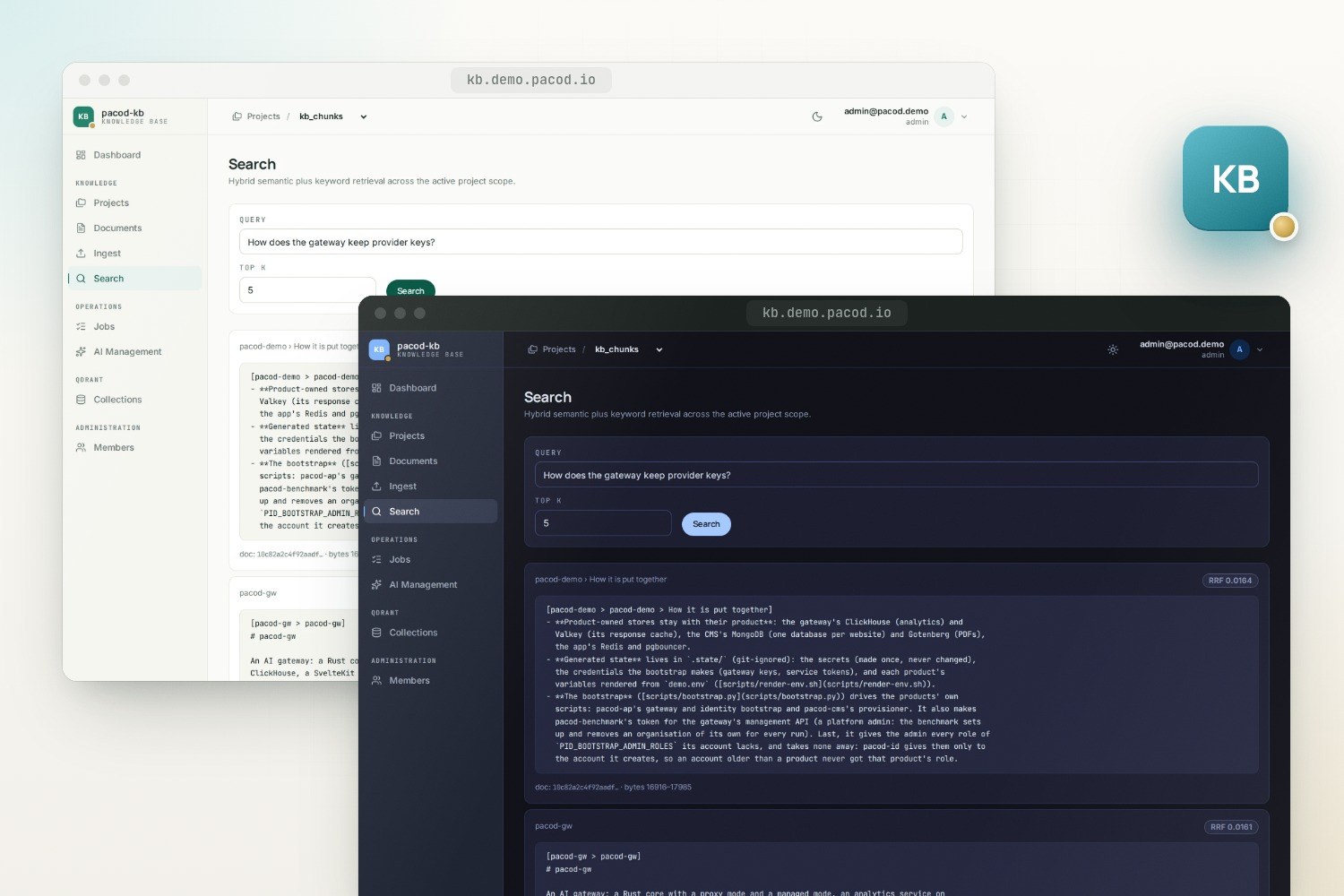 Two windows of the pacod-kb search page, one light and one dark, overlapping. Both ask "How does the gateway keep provider keys?" with top K 5; the dark one shows the first passage, from pacod-demo's section "How it is put together", marked RRF 0.0164, with its document id and bytes 16916–17985, and the next one, from pacod-gw, marked RRF 0.0161.