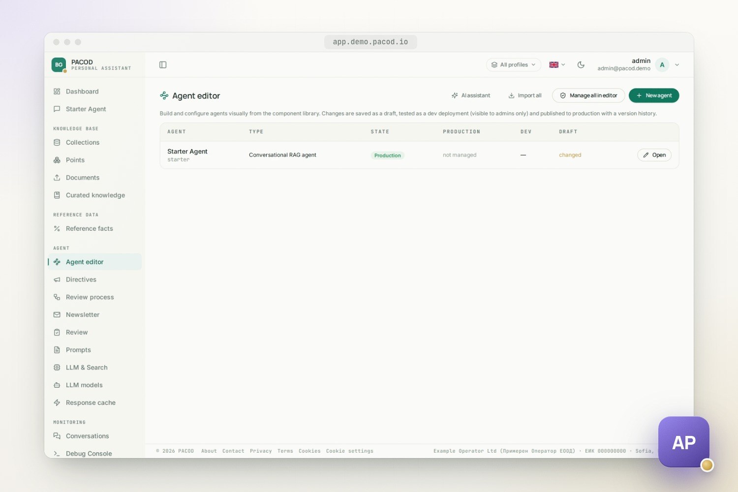 The Agent editor page of the pacod-ap admin console with one row, the Starter Agent, a conversational RAG agent in production with a changed draft, and buttons for the AI assistant, importing, managing all agents in the editor and creating a new agent.