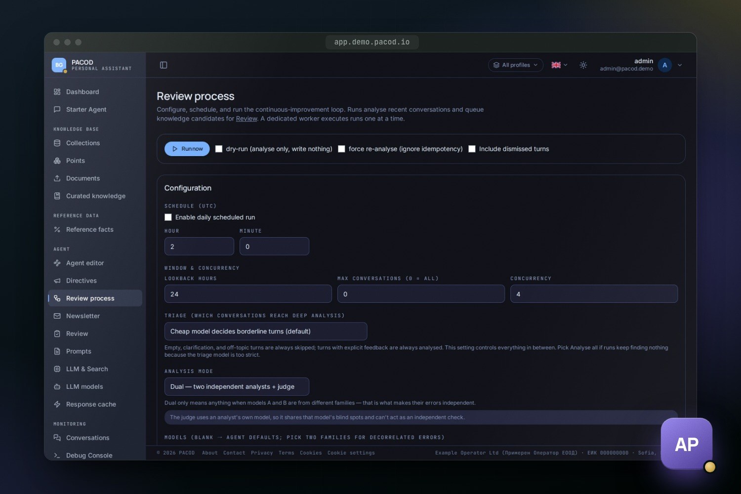 The dark Review process page of the pacod-ap console with a Run now button and options for a dry run, a forced re-analysis and dismissed turns, then the configuration, with a daily schedule at 02:00 UTC switched off, a 24-hour look-back, a concurrency of 4, the triage and analysis modes and a note on the judge's independence.