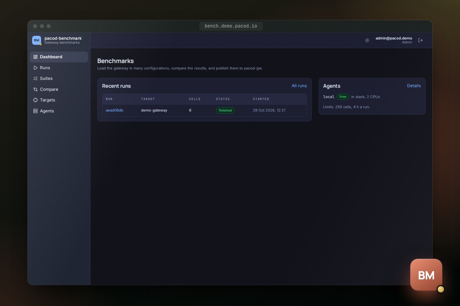 The dark pacod-benchmark dashboard with a table of recent runs and a panel showing the agent local, free, in the stack with 2 CPUs, and limits of 256 cells and 4 hours a run.