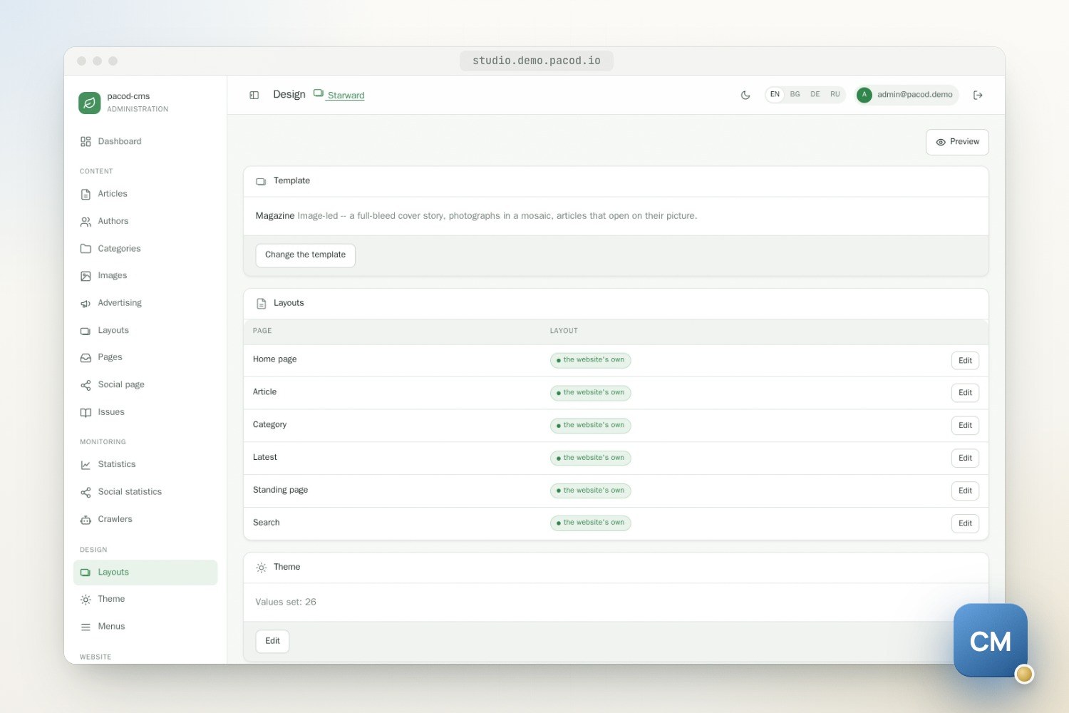 The pacod-cms Design screen for Starward: the Magazine template set with its description, a table of six page types from home page to search, each marked the website's own with an Edit button, and the theme with 26 values set.