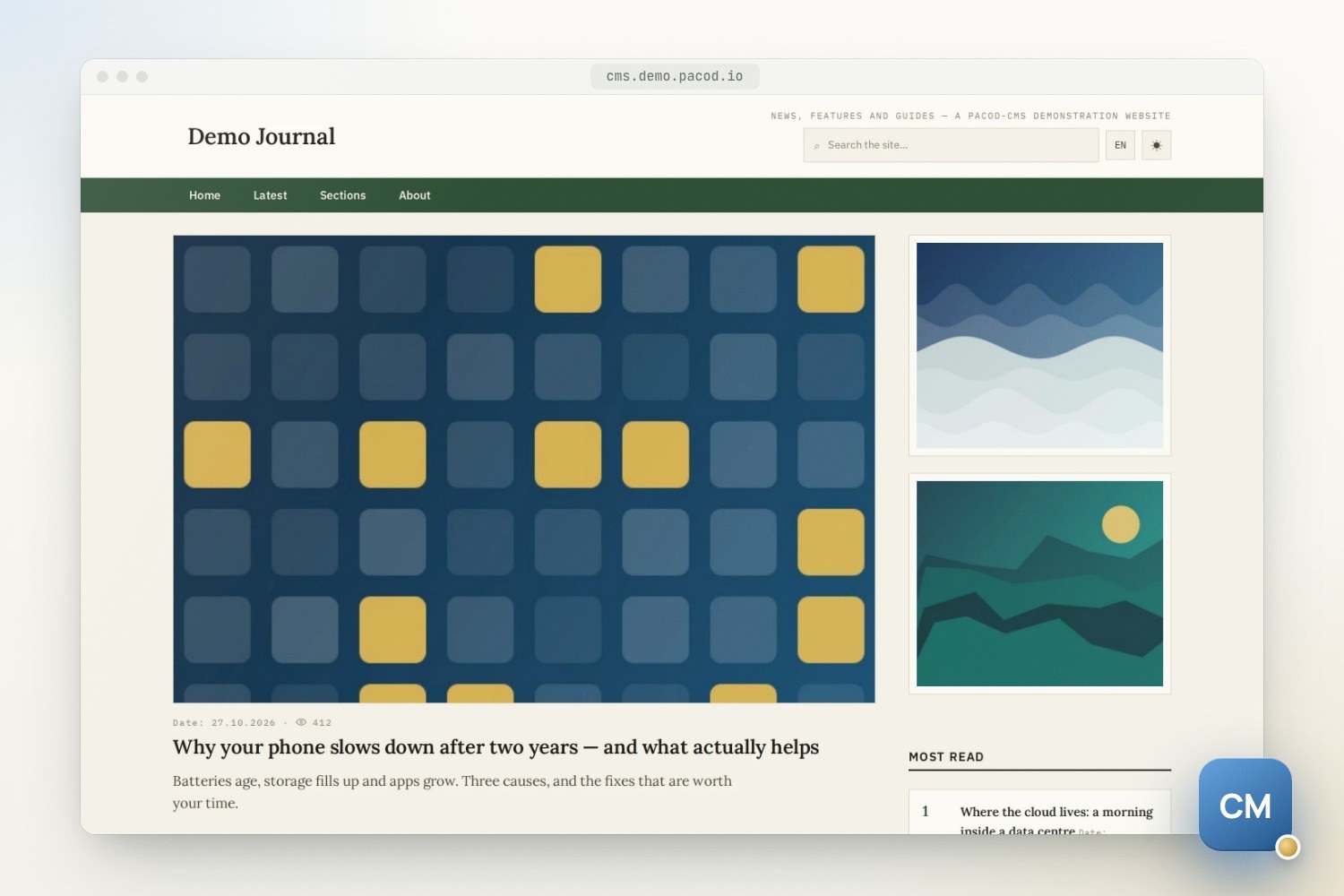 The Demo Journal home page in a browser frame: a green navigation bar, a lead story about why phones slow down under a picture of blue and gold squares, two drawn landscapes in the right-hand column and a Most read list.