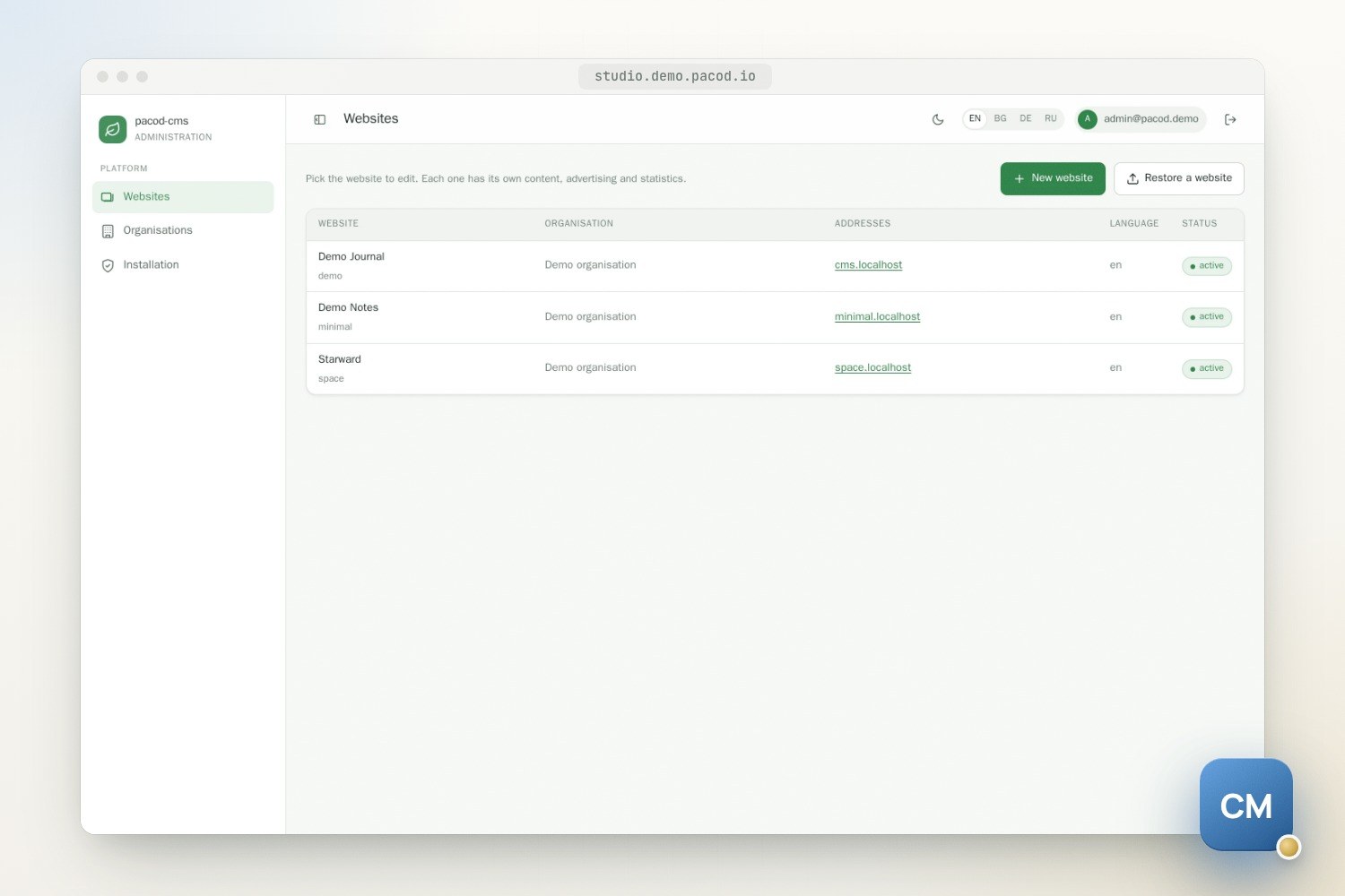 The pacod-cms Websites screen listing Demo Journal, Demo Notes and Starward in one demo organisation, each with an address, the language en and an active status, with buttons to create a new website or restore one.
