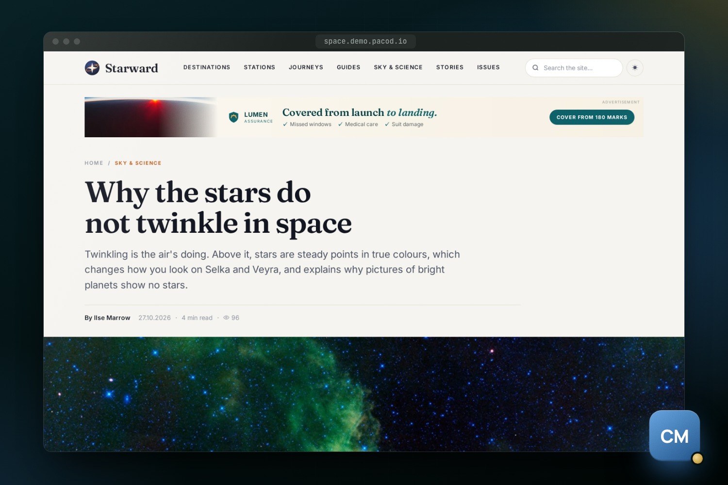 A Starward article page, Why the stars do not twinkle in space, in a dark browser frame: a Lumen Assurance leaderboard above the headline, a byline by Ilse Marrow with 4 min read, and a starfield photograph below.