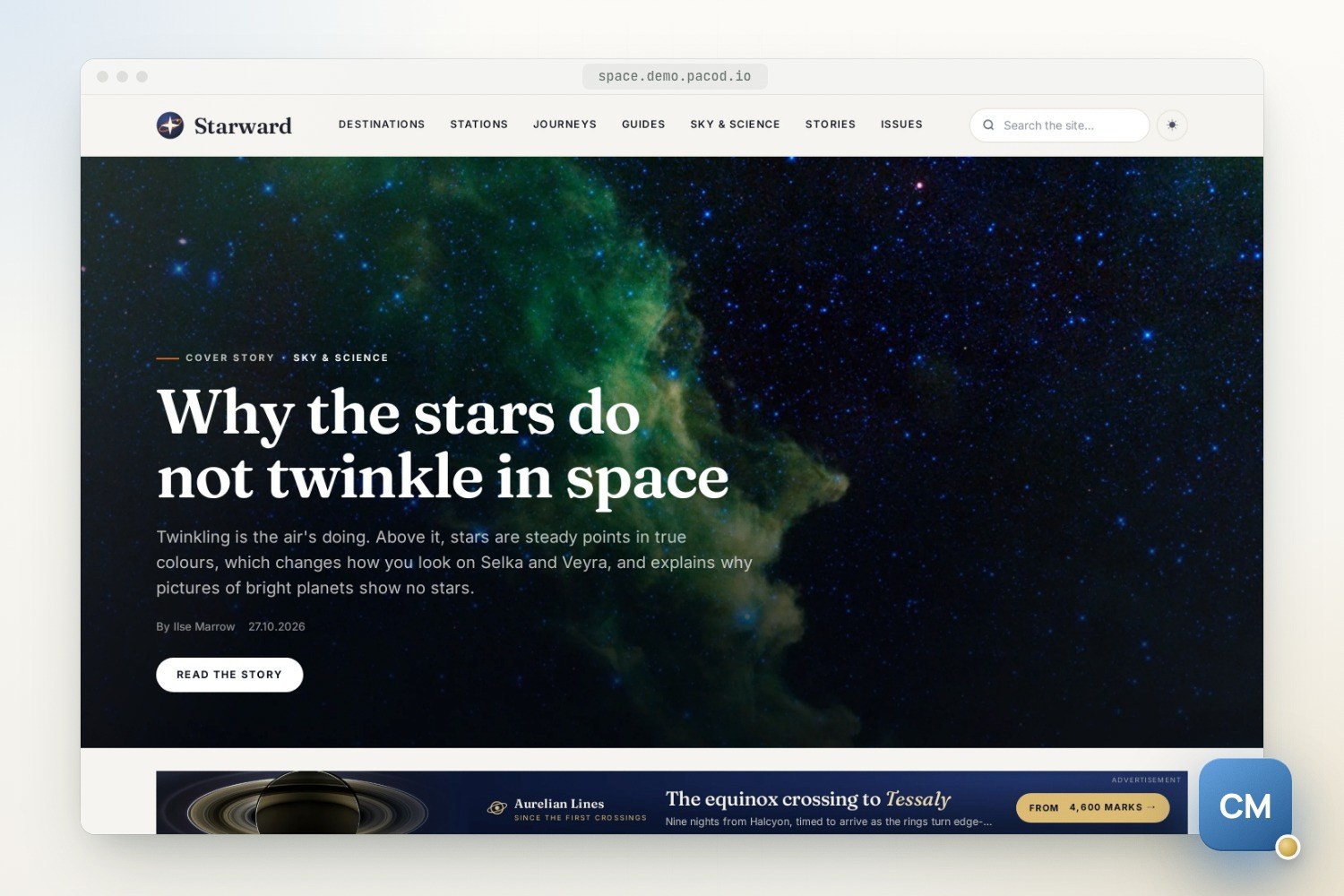 The Starward home page in a browser frame: a masthead with seven sections and a search box, the cover story Why the stars do not twinkle in space over a starfield with a green nebula, and an Aurelian Lines advertisement below.