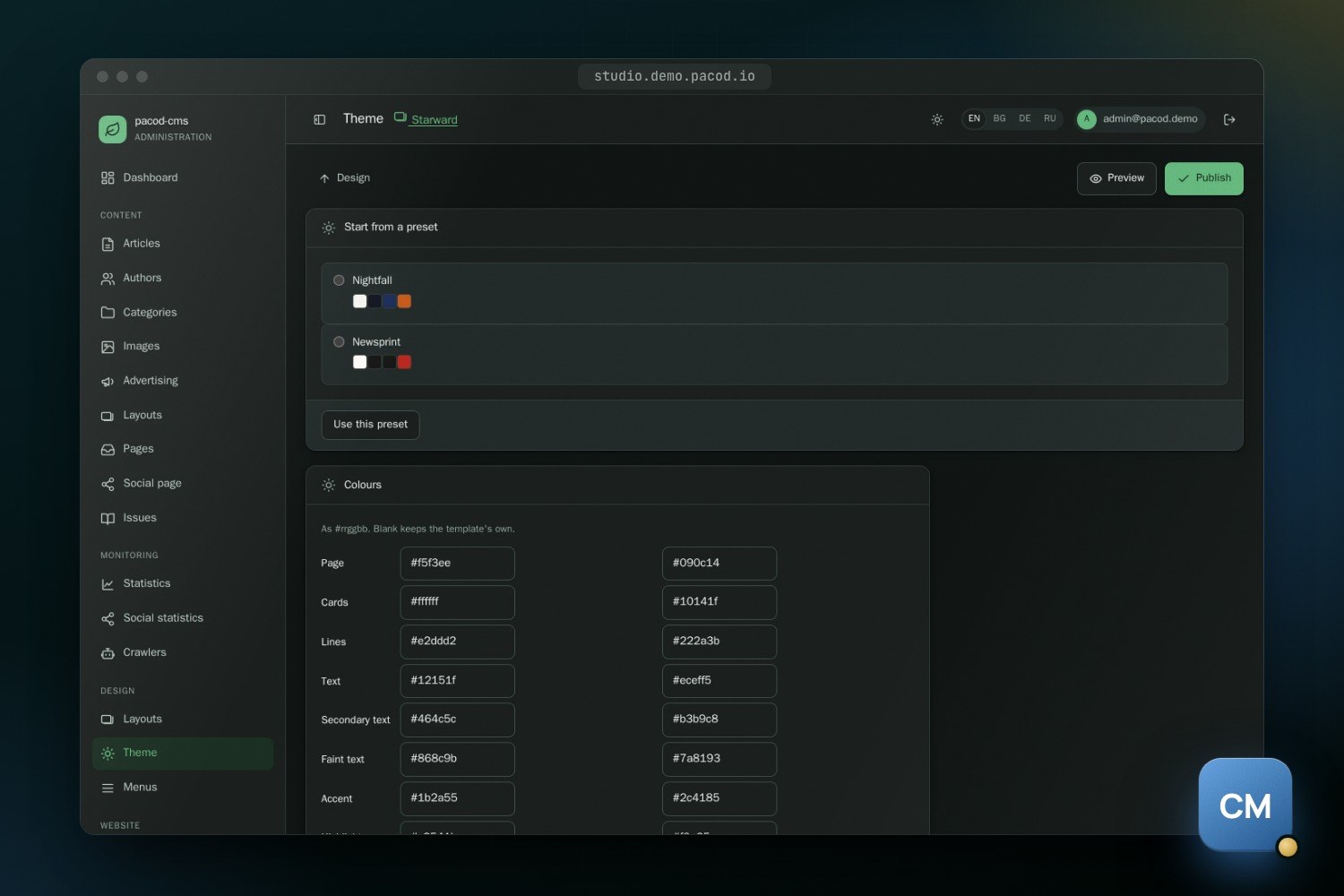 The dark pacod-cms theme screen for Starward, with two presets, Nightfall and Newsprint, above a table of colours such as page, cards, lines, text and accent, each with a day and a night hex value, and Preview and Publish buttons.