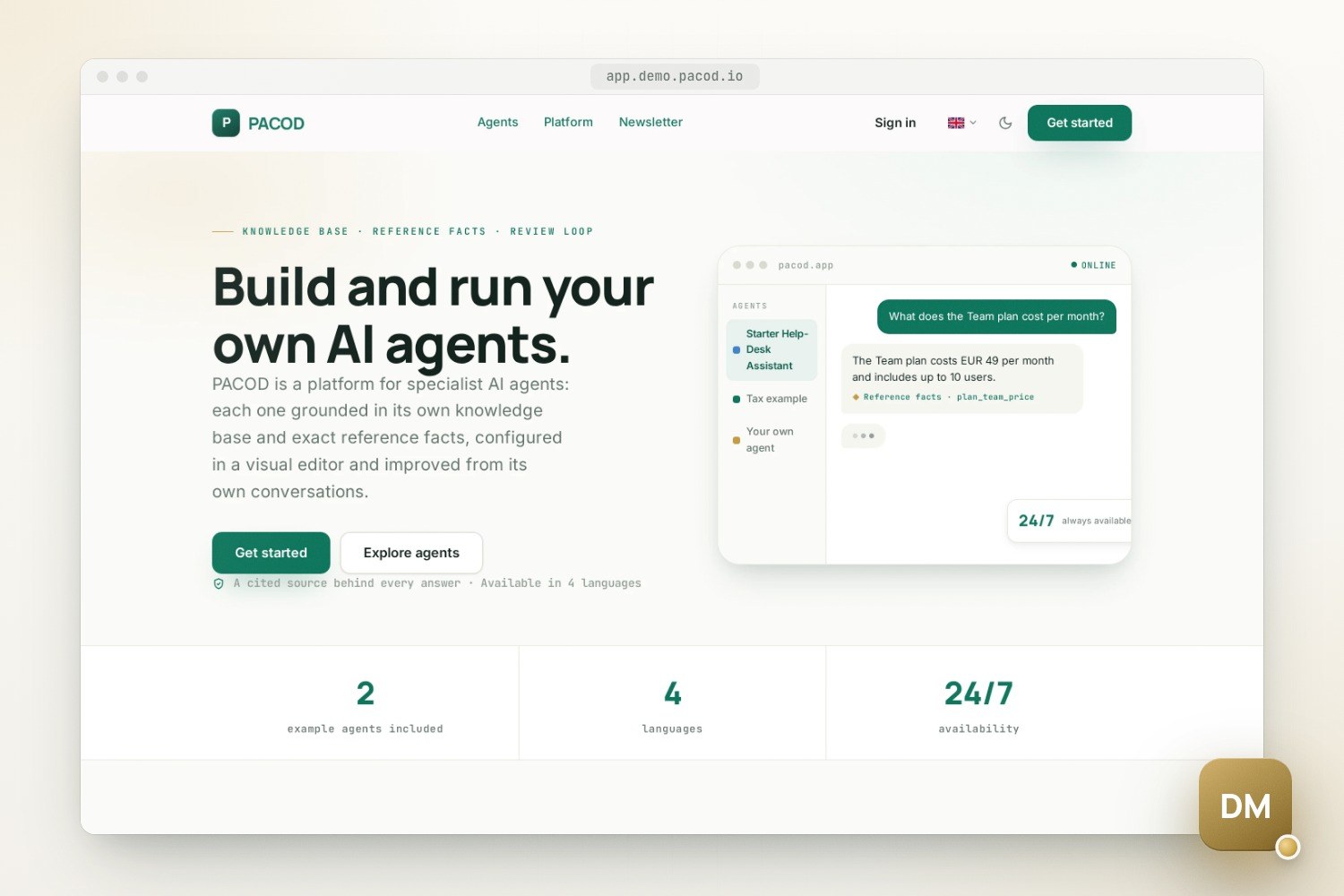 The light home page of a pacod-ap website saying "Build and run your own AI agents", with a chat preview in which the Starter Help-Desk Assistant answers a price question and cites a reference fact, and three figures below.
