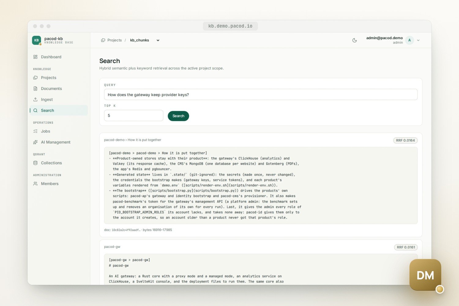 The light search screen of pacod-kb with the question "How does the gateway keep provider keys?" and ranked passages from the pacod-demo and pacod-gw documentation below, each with an RRF score.