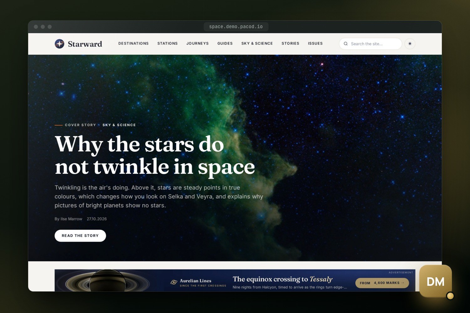 The Starward front page with the cover story "Why the stars do not twinkle in space" over a starfield with a green nebula, the section menu above, and an advertisement for Aurelian Lines below.