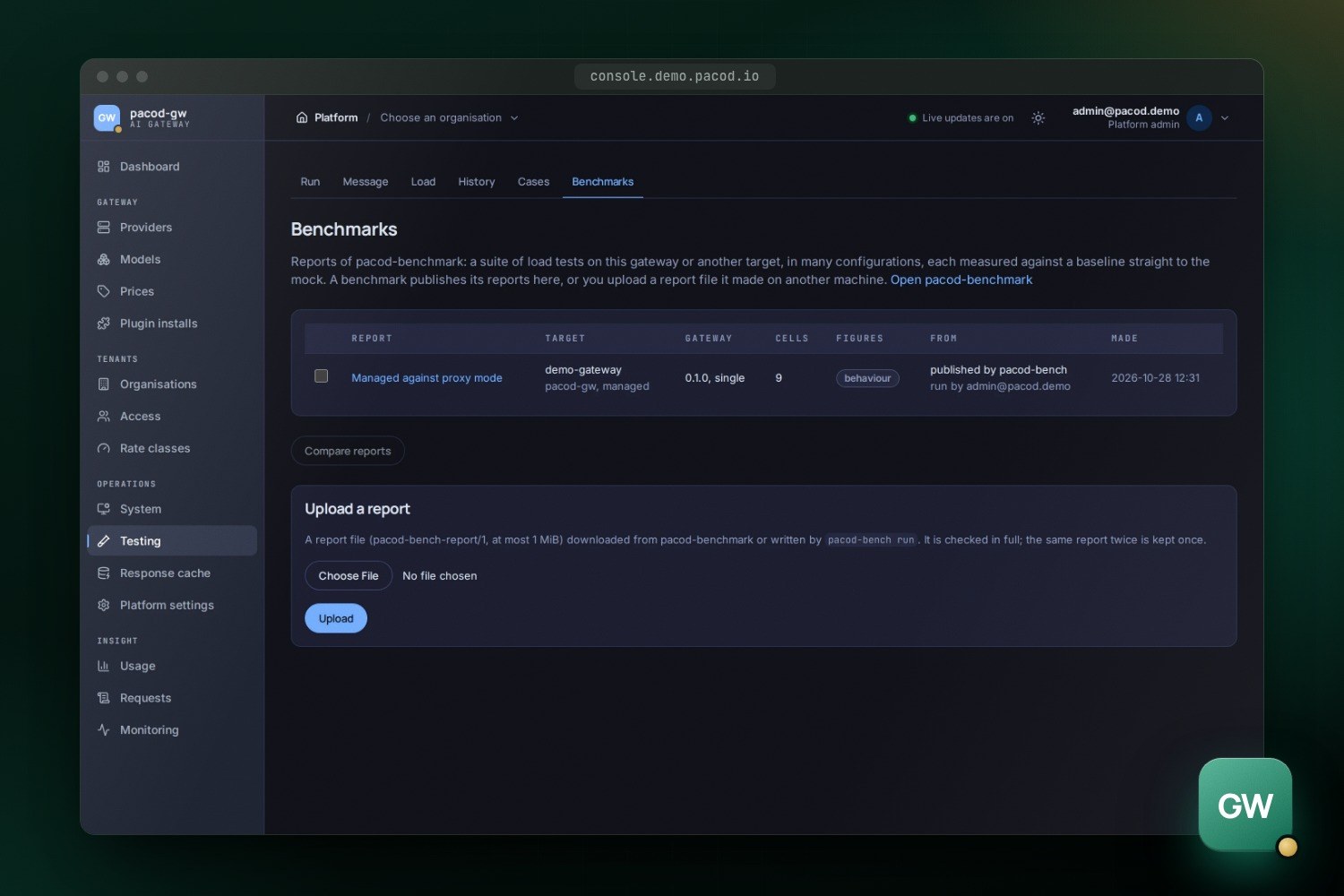 The dark benchmarks screen of the pacod-gw console listing a published report, with a form to upload another.