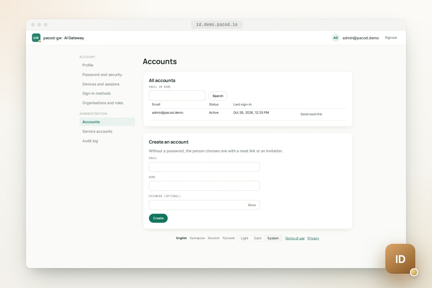 The light Accounts page headed pacod-gw · AI Gateway, with account and administration links on the left, a search box over one account, admin@pacod.demo, active, with a Send reset link button, and a Create an account form with email, name and optional password.