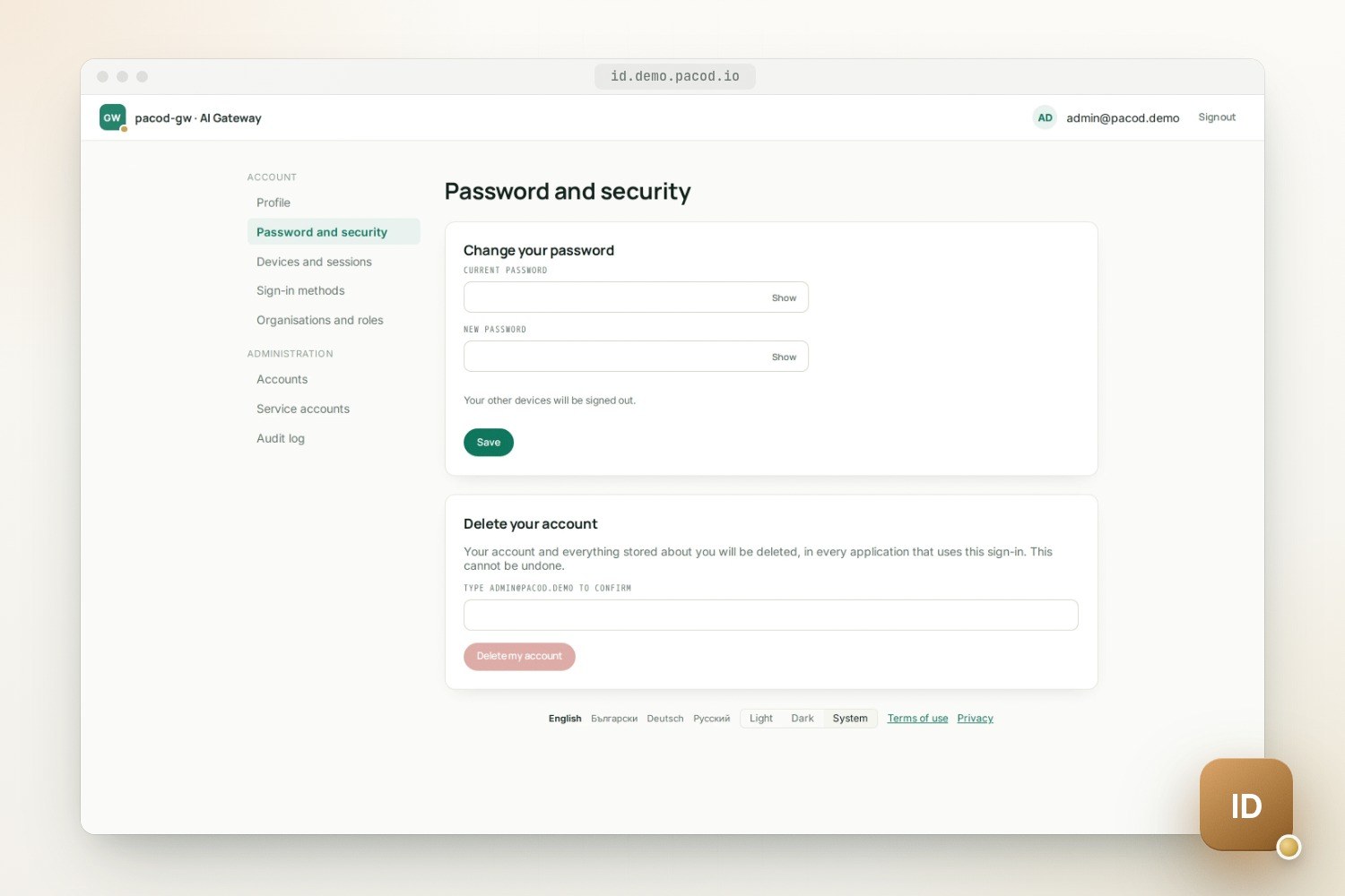 The light Password and security page headed pacod-gw · AI Gateway, with a Change your password form of current and new password and a Save button, and a Delete your account panel that asks for the address admin@pacod.demo to be typed to confirm.