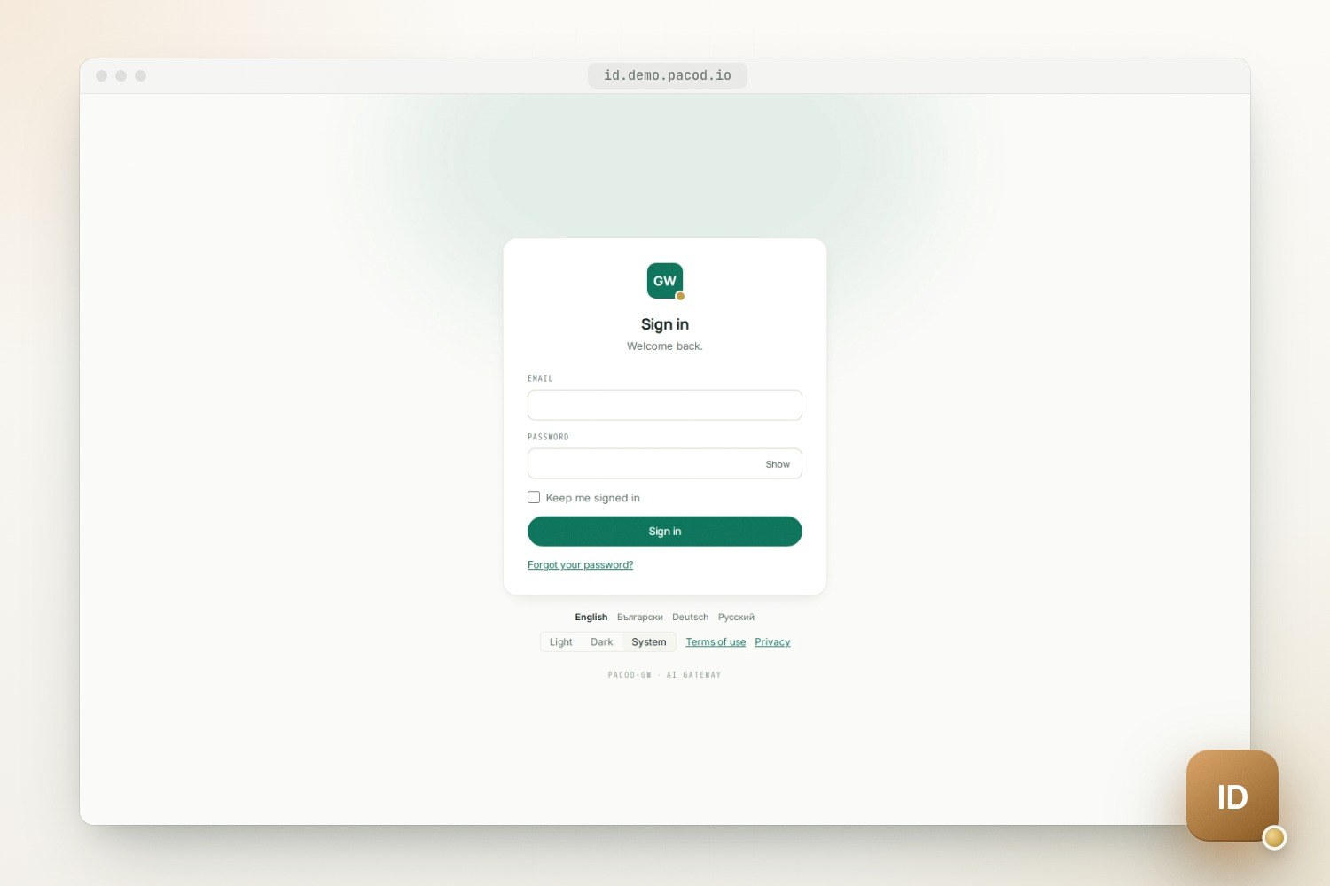 A light sign-in card at id.demo.pacod.io with the GW mark, the words Sign in and Welcome back, email and password fields, a Keep me signed in box, a green Sign in button and a Forgot your password link; below it the language and theme choices and the words PACOD-GW · AI GATEWAY.