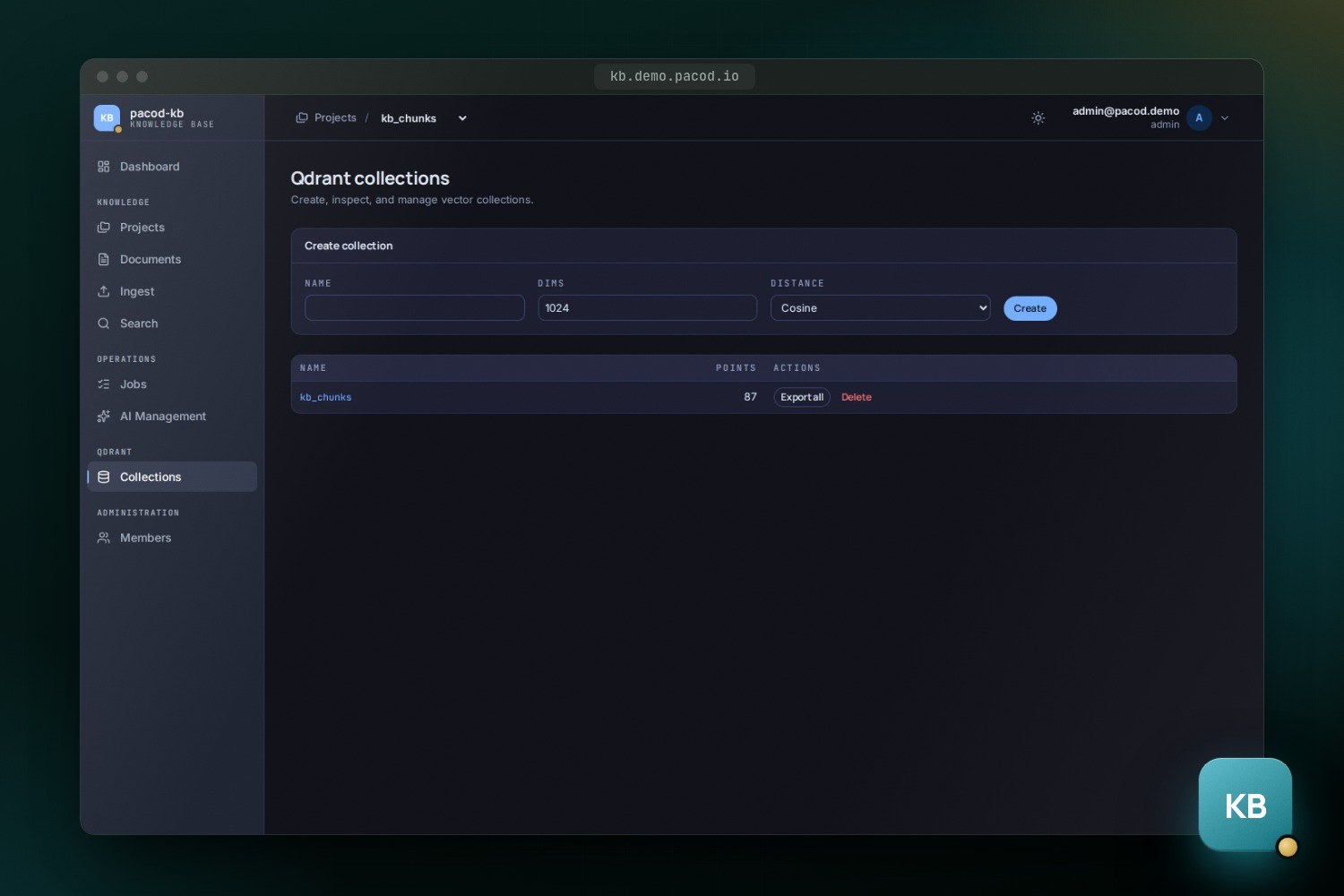 The dark pacod-kb Qdrant collections page: a form to create a collection with a name, 1024 dimensions and cosine distance, and a table listing kb_chunks with 87 points, an Export all button and a Delete link.